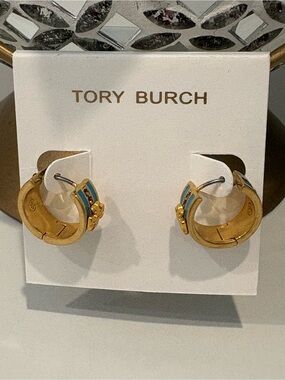 Tory Burch Kira Blue Enamel Huggie Hoop Earrings